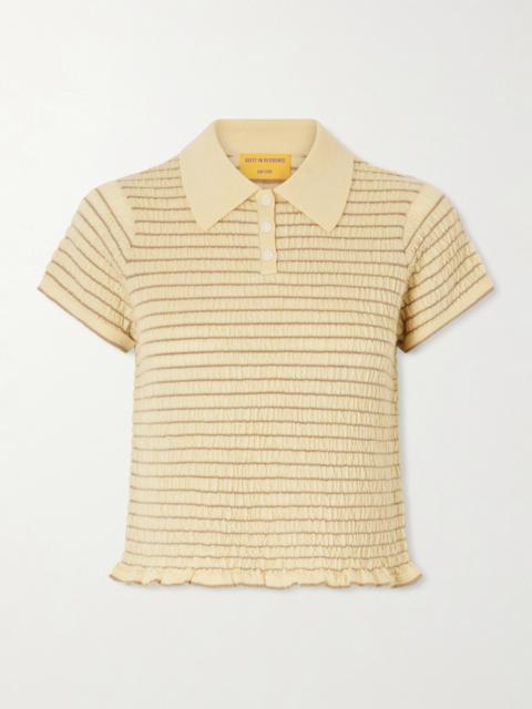GUEST IN RESIDENCE Smocked Ruffled Striped Cashmere-blend Polo Sweater
