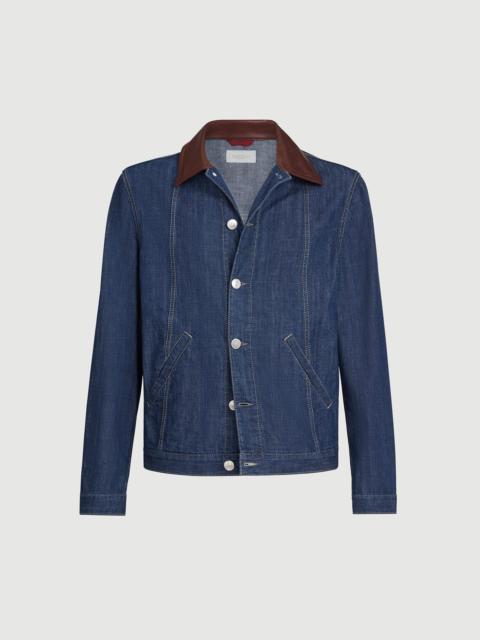 Brunello Cucinelli Lightweight denim outerwear jacket with leather collar