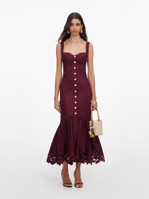 self-portrait Plum Linen Blend Lace Insert Midi Dress