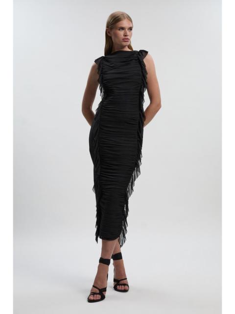 KAREN MILLEN Bandage Mesh Gathered Ruffle Knitted Maxi Dress