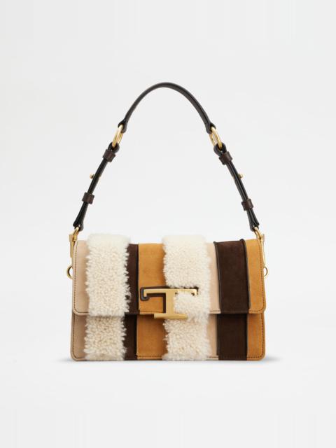 Tod's T TIMELESS SHOULDER BAG IN SUEDE AND SHEEPSKIN MINI - OFF WHITE, BROWN, BEIGE