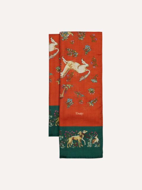 Drake's Orange and Green Unicorn Print Tubular Wool Silk Scarf