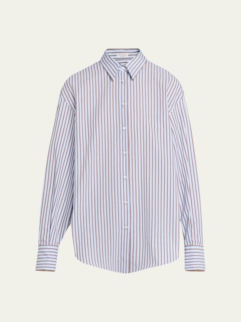 Brunello Cucinelli Monili-Trim Striped Cotton Poplin Button-Down Shirt