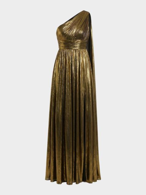 MAC DUGGAL Draped One-Shoulder Metallic Lame Gown