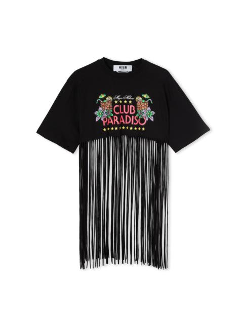 MSGM Cotton crewneck crop-top fringed t-shirt with "club paradiso" graphic