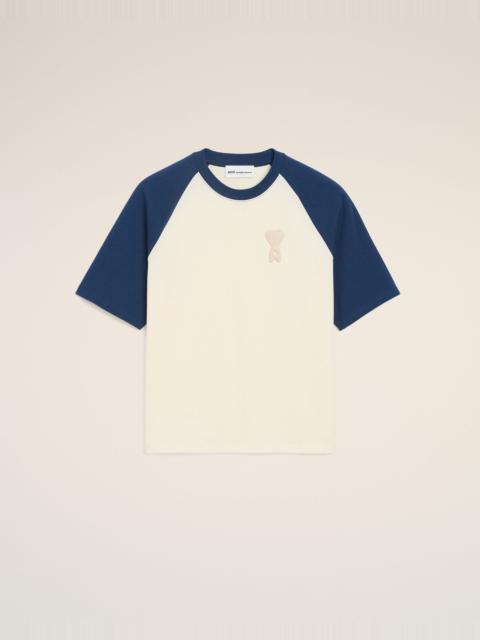 AMI Paris WHITE AND BLUE COTTON AMI DE COEUR KNITTED PATCH T-SHIRT