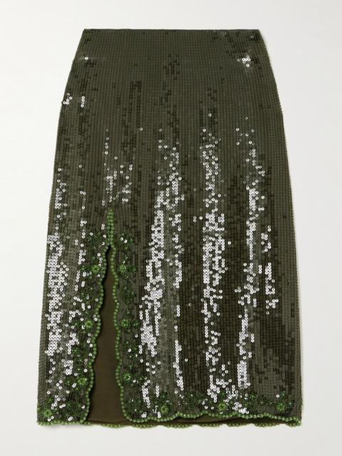 CLIO PEPPIATT Olivine scalloped embellished crepe midi skirt Green