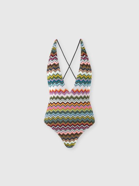 Missoni One-piece swimsuit in lamé viscose with pixel-effect zigzag pattern and V-neckline
