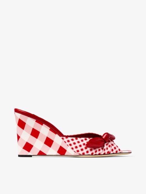 JIMMY CHOO Livi Wedge 85
Ruby Red Mix Mixed Gingham Cotton Mule Wedges with Gingham Bow