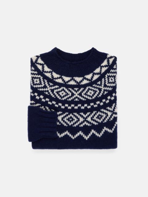 J. PRESS MADE-IN-SCOTLAND NAVY & WHITE HEAVY YOKE FAIR ISLE CREW NECK SWEATER