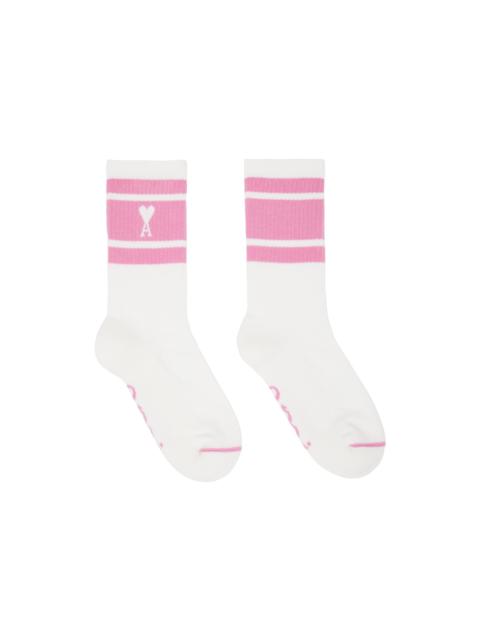 AMI Paris White & Pink Ami de Cœur Striped Socks