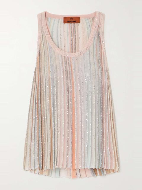 Sequin-embellished striped metallic ribbed-knit tank