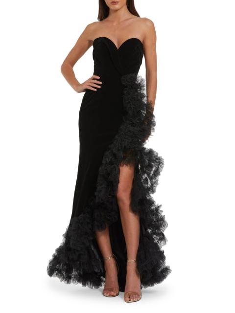 MAC DUGGAL Women's Frilled-Slit Crossover Bustier Gown - Black