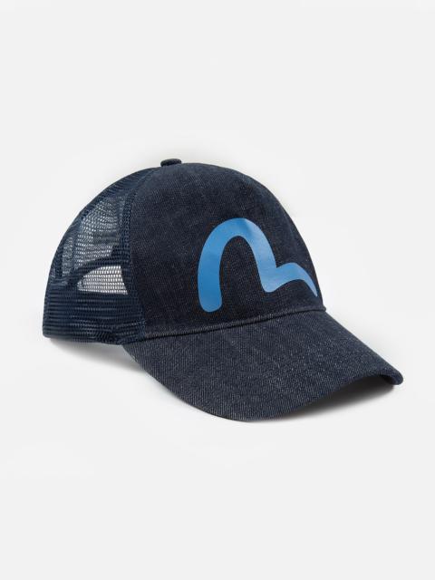 EVISU SEAGULL PRINT DENIM AND MESH TRUCKER HAT