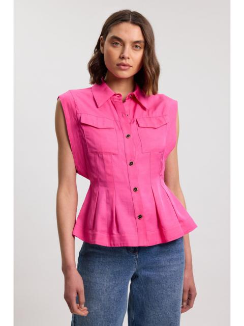 KAREN MILLEN Premium Viscose Linen Topstitch Woven Blouse With Waist Seam Detail