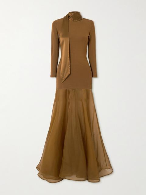 ESSE Studios Aire Scarf-effect Satin-trimmed Stretch-knit And Silk-organza Maxi Dress