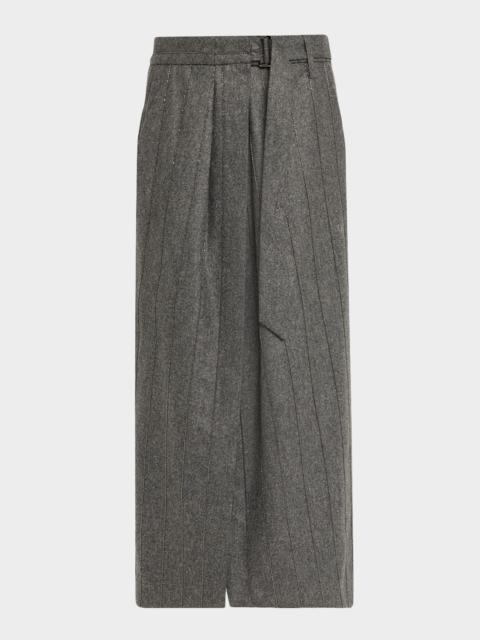 Brunello Cucinelli Monili Pinstripe Wool Flannel Wrap Midi Skirt