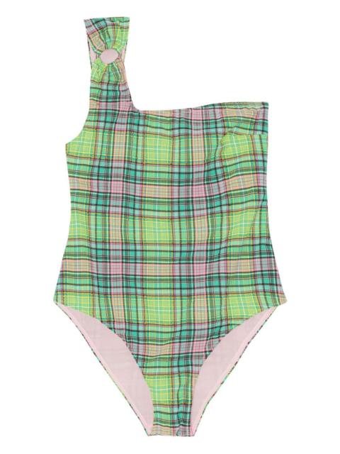 GANNI one-shoulder plaid-patterned swimsuit