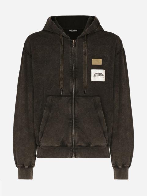Washed jersey hoodie with logo zipper
