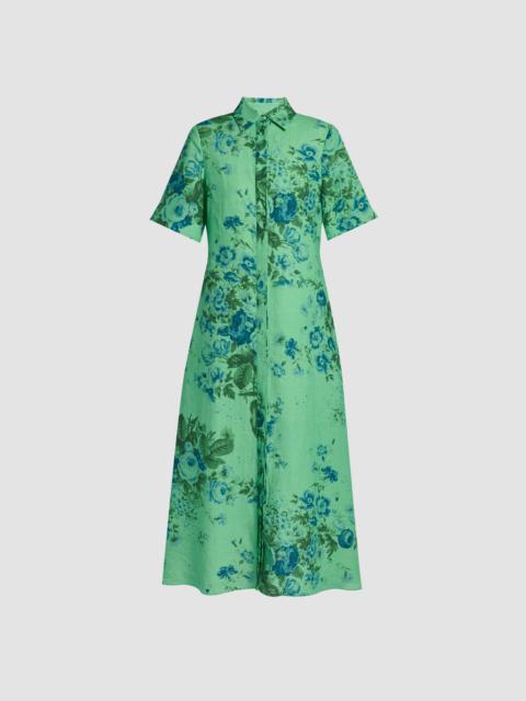 Erdem FLORAL PRINT LINEN TIE-WAIST MIDI SHIRT DRESS