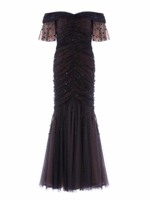 Needle & Thread Dappled Sequin Rouched Off-Shoulder Gown