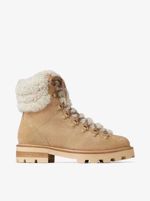 JIMMY CHOO Eshe Flat Shearling
Stucco Suede Hiking Boots with Natural Shearling Collar