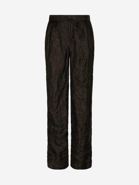 Tailored straight-leg pants in metallic technical fabric and silk
