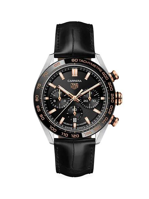 Carrera 44MM Stainless Steel, Ceramic & Alligator Strap Automatic Tachymeter Date Chronograph Watch