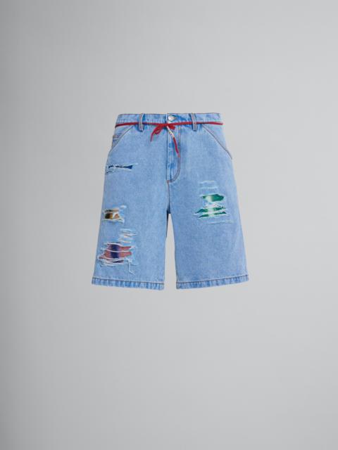 Marni SHORTS IN COATED BLUE DENIM AND MOHAIR