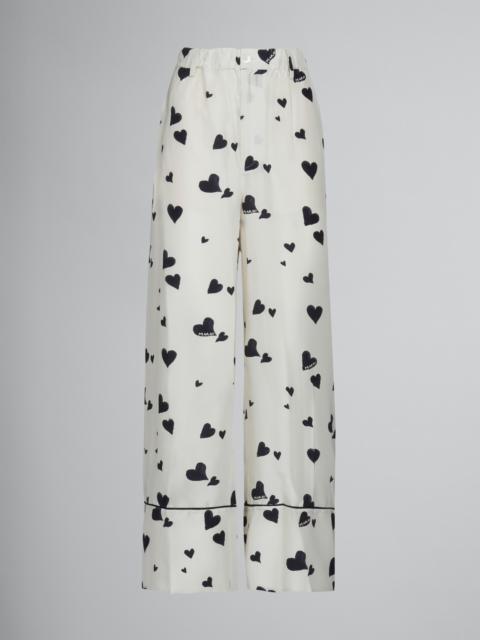 Marni WHITE SILK PYJAMA TROUSERS WITH BUNCH OF HEARTS PRINT