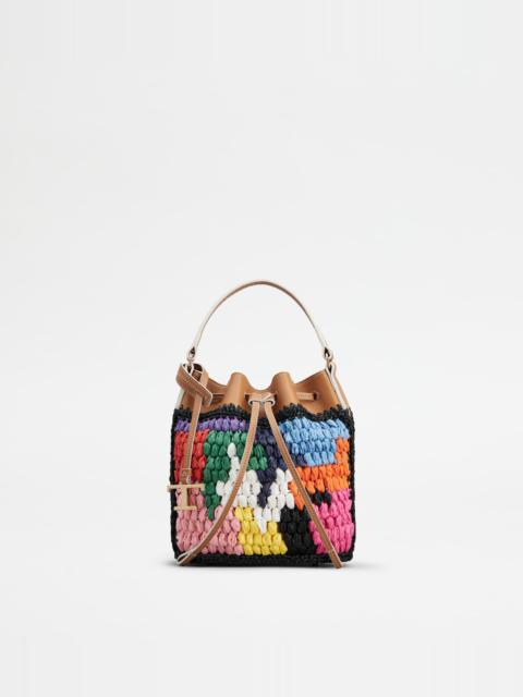 Tod's BUCKET BAG IN LEATHER AND RAFFIA MICRO - BROWN, BLACK, RED