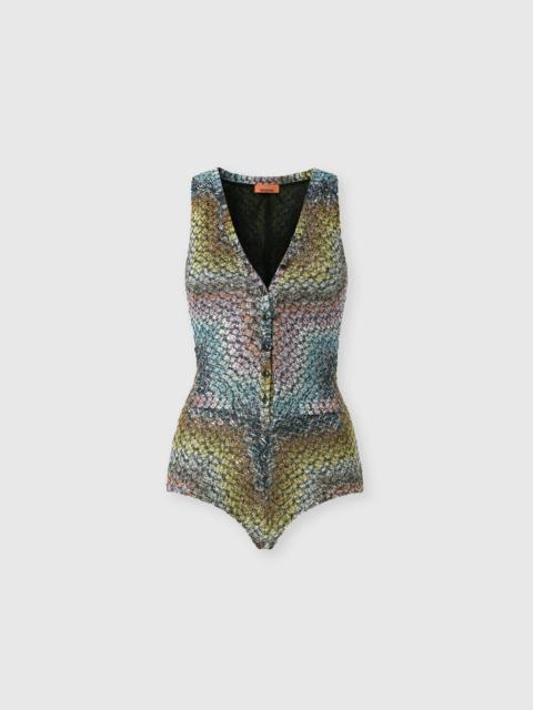 Missoni One-piece V-neck swimsuit with buttons in a Greek-style zigzag knit with sequins