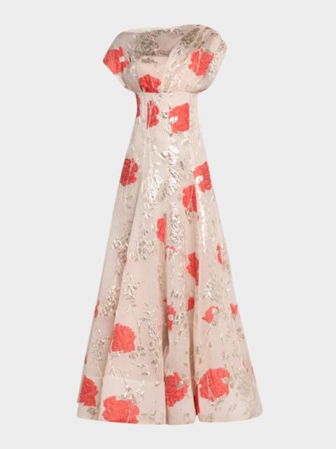 LELA ROSE Metallic Floral Fil Coupe Cap-Sleeve Gown