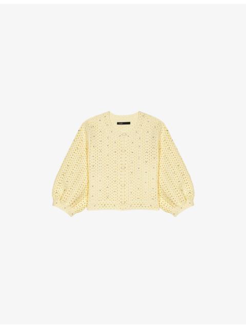 maje Rhinestone-Embellished Puff-Sleeve Knitted Cardigan