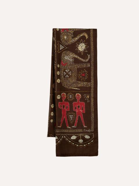 Drake's Brown Embroidered Elephant Print Wool Silk Scarf
