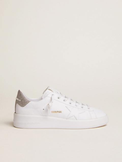 Golden Goose Purestar sneakers in white leather with tone-on-tone star and silver micro-glitter heel tab