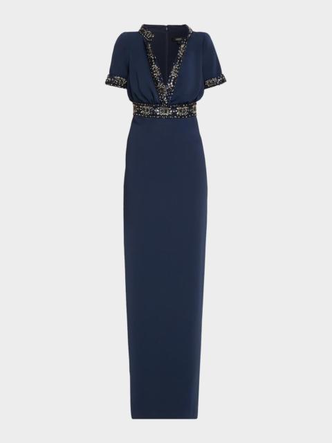 BADGLEY MISCHKA Crystal-Trim Column Gown