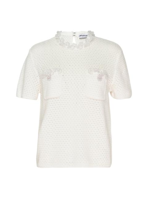 self-portrait Cream Knit Pearl Trim Top