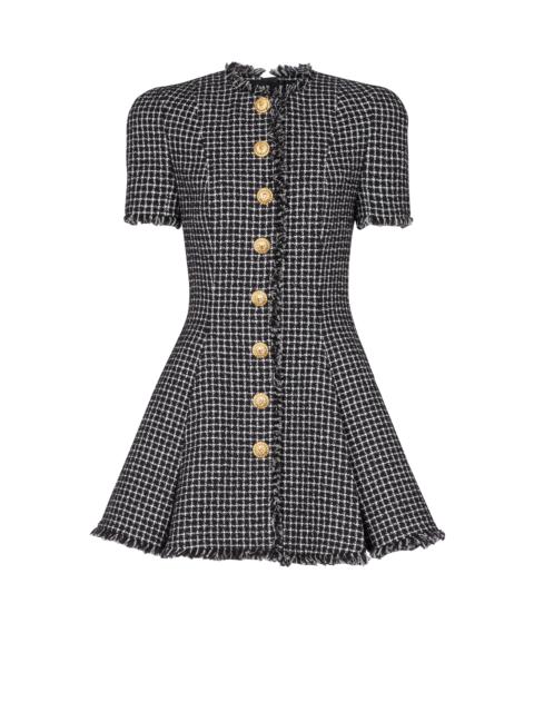 Balmain Pleated flared dress in gingham tweed