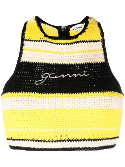 GANNI logo-embroidered crochet top