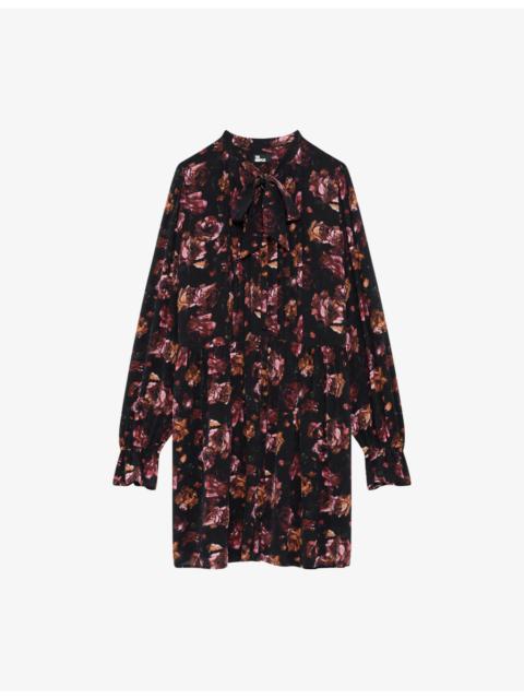 The Kooples Rose-Print Long-Sleeve Woven Mini Dress