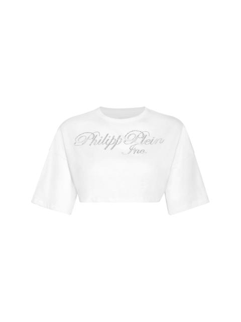 PHILIPP PLEIN crystal-embellished logo-print cropped T-shirt