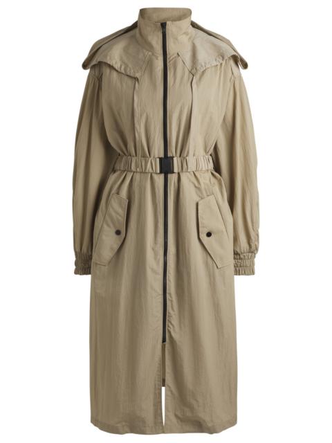 HUGO LONG-LENGTH BELTED PARKA JACKET IN SEERSUCKER FABRIC