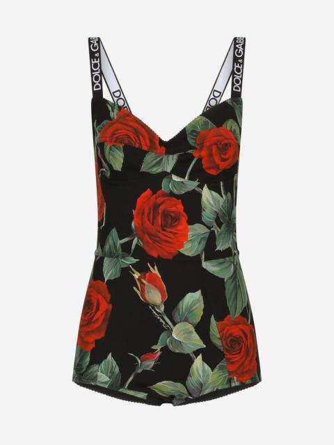 Charmeuse bodysuit with red rose print