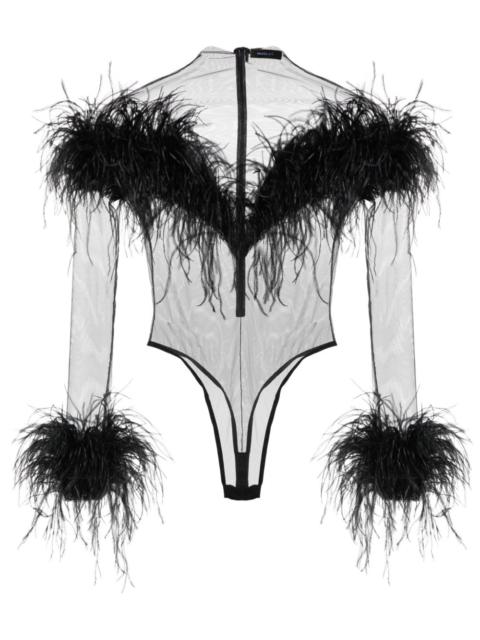 MUGLER feather-trim mesh bodysuit