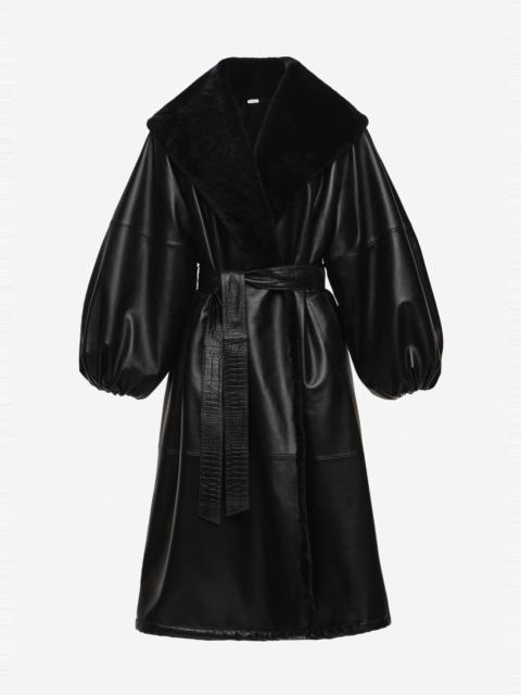 MAGDA BUTRYM Belted fur collar leather coat in black