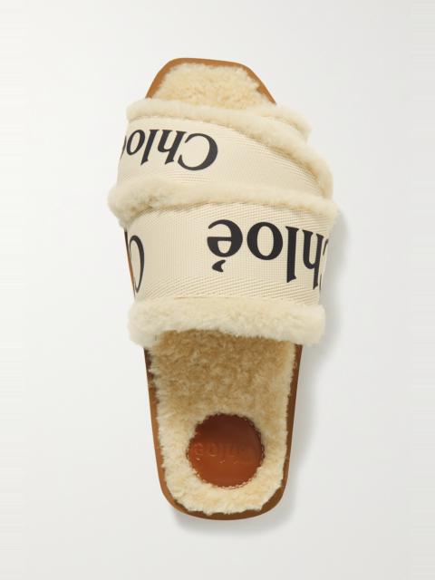 Chloé Woody shearling-trimmed logo-print canvas slides