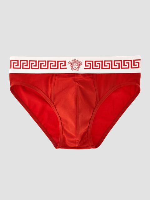 VERSACE Men's Medusa Head Greco-Trim Jersey Brief - Rosso Bianco Rosso