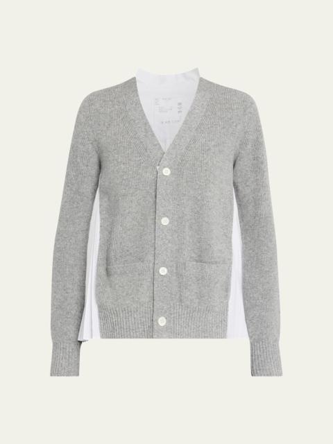 sacai Wool Knit And Cotton Poplin V-Neck Cardigan