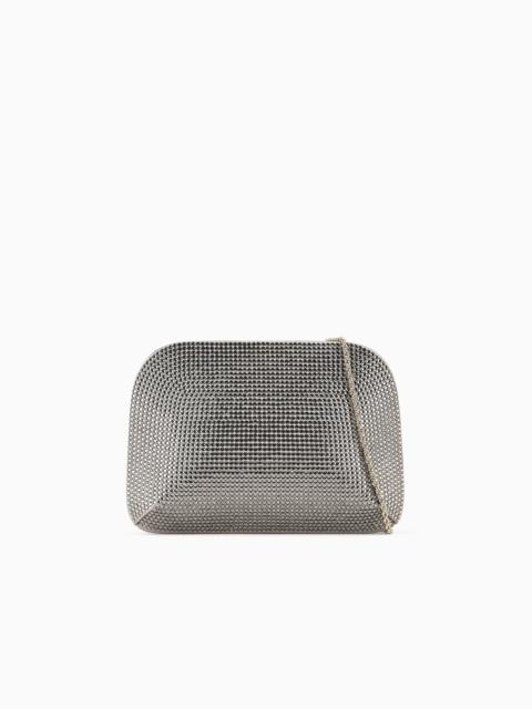 GIORGIO ARMANI SATIN AND SILK CLUTCH WITH RHINESTONES AND CHAIN SHOULDER STRAP